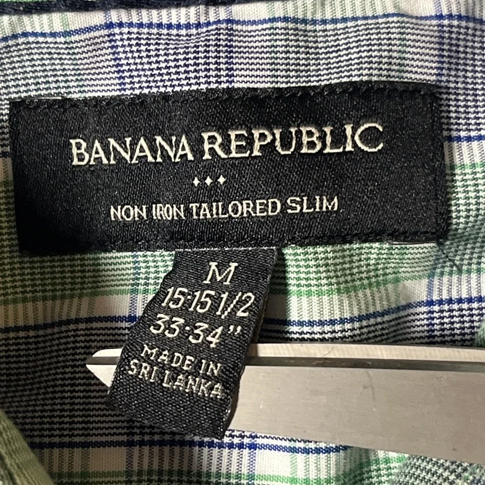 Banana Republic Non-Iron Tailored Slim Shirt Size M Blue & Green Plaid Button Up
